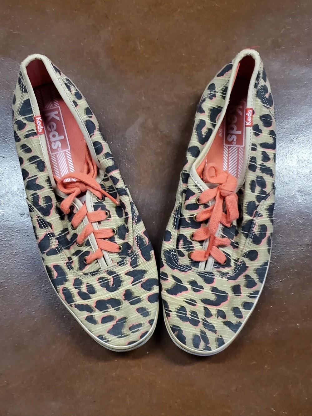 Keds Women’s Leopard Print Canvas Sneakers in Tan with Coral Accents